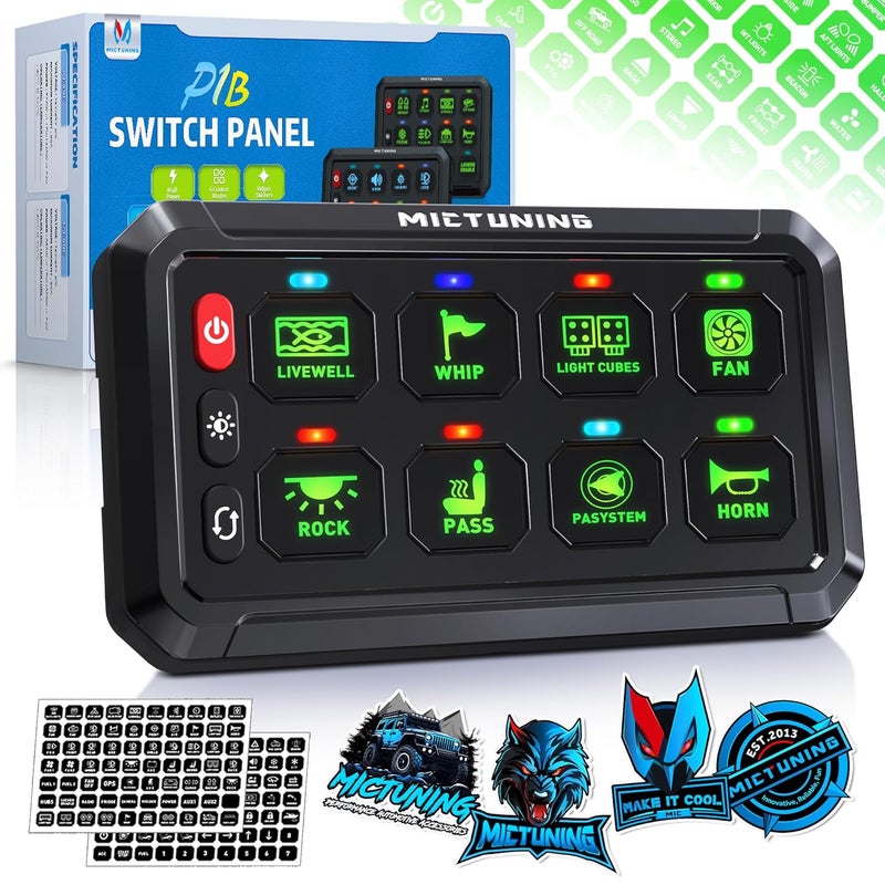 MICTUNING P1B 8 Gang Switch Panel, Toggle Touch On Off Circuit Control Relay Box Color Coded LED Indicator with Backlight Off, Multifunction System for Car Truck Off Road Marine, Green - Image 1